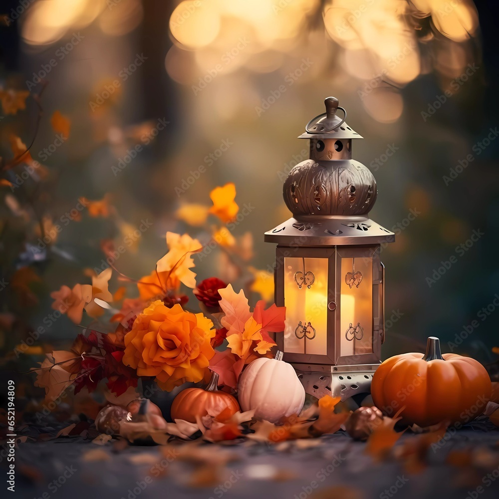 Autumnal decorations with latern. Yellow and red leafs and pumpkin with blurred background and space for text. Generative Ai - obrazy, fototapety, plakaty 