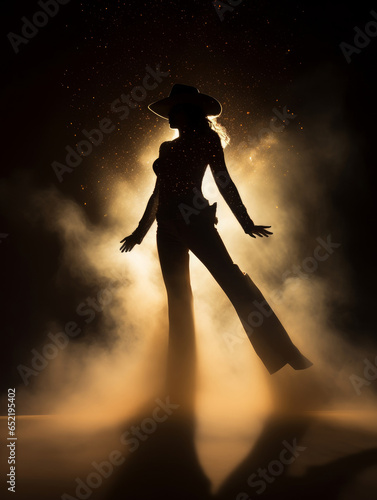 silhouette of dancer, singer, dramatic light and smoke background, on stage, music, club, cowboy hat