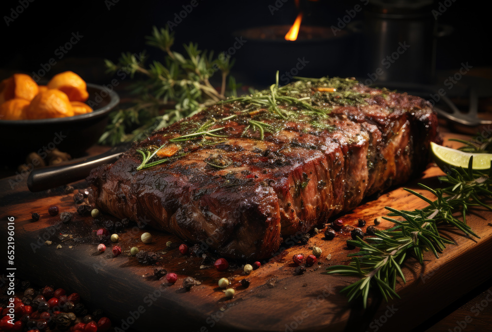 Grilled medium marble beef steak meal with rosemary on background Grilled medium marble beef steak meal with rosemary on background