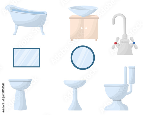 BATHROOM SET washbasin, toilet and mirror. vector illustration