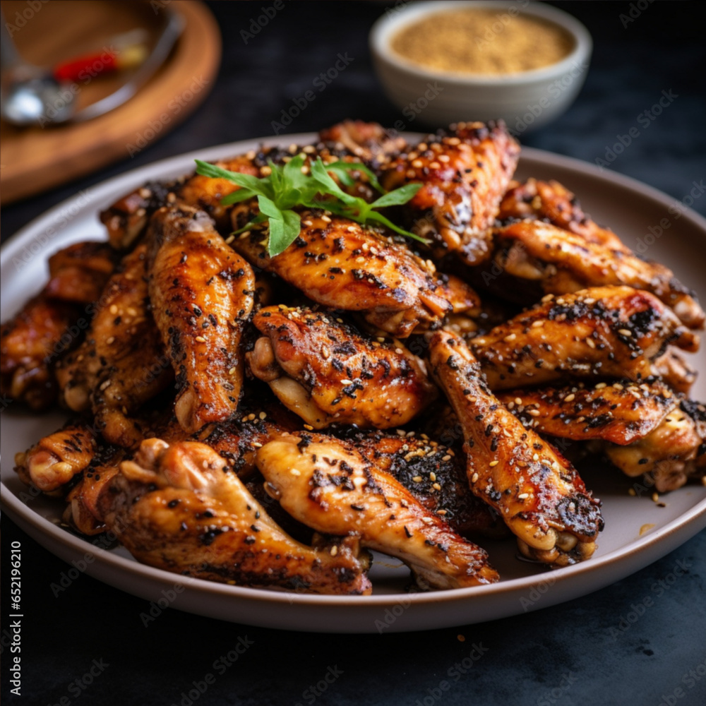 grilled chicken wings tossed with sweet chilli sauce served in a plate