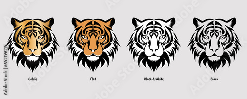 Tiger head image with four color styles: black, black and white, flat, and golden