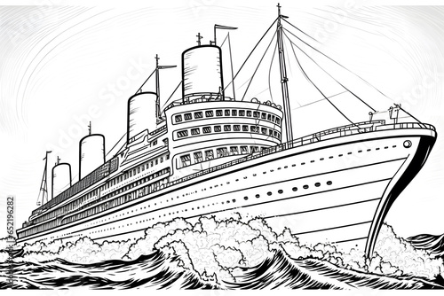 Ocean tourist cruise ship. A black and white illustration.