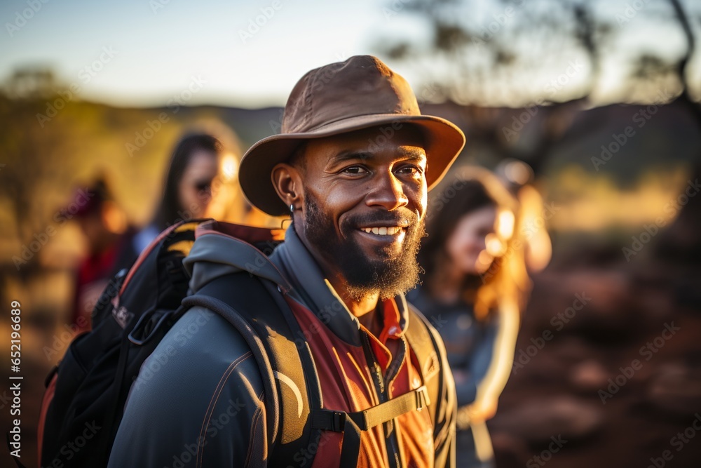 Obraz premium Aboriginal guide leading a group through the rugged landscape, sharing ancestral knowledge, Generative AI
