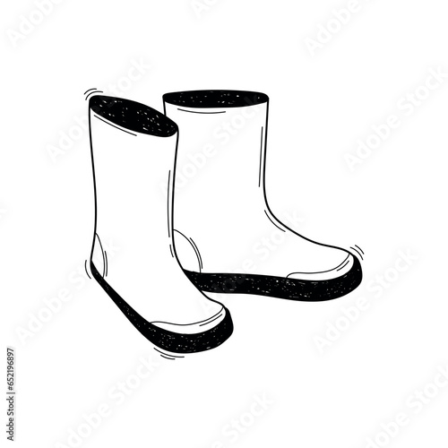 Pair of rubber rain boots in sketch style. Symbol of autumn and wet weather. Vector black and white doodle illustration Isolated on white background