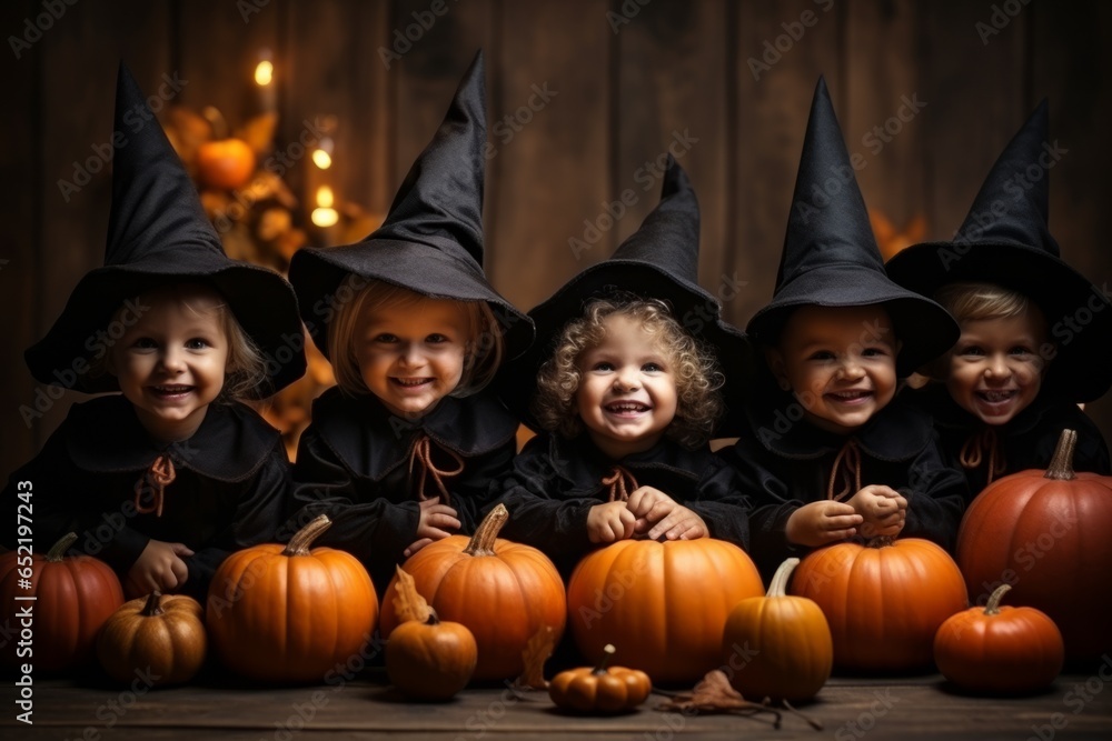 Portrait group joyful funny toddler kids little cute children boys girls friends dresses crazy witch spooky costumes posing. Happy Halloween party pumpkins trick treat night indoors holiday greeting Portrait group joyful funny toddler kids little cute children boys girls friends dresses crazy witch spooky costumes posing. Happy Halloween party pumpkins trick treat night indoors holiday greeting