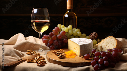 White wine with cheese honey walnuts and grapes