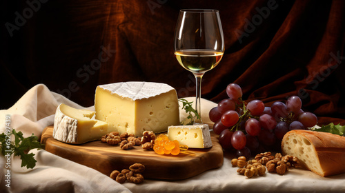 White wine with cheese honey walnuts and grapes
