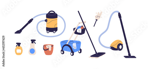 Cleaning equipment set. Vacuum cleaner, mop, detergents in bottles, brush, household trolley, bucket for cleanup, housework. Washing supplies. Flat vector illustrations isolated on white background