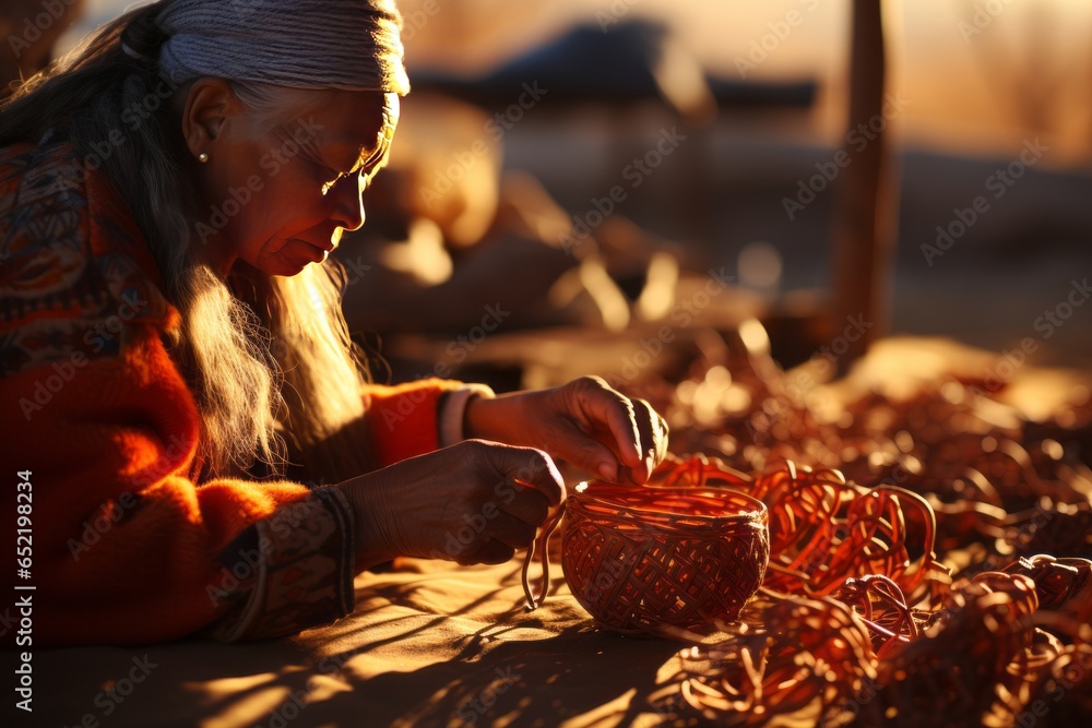 Aboriginal woman weaving intricate patterns into a basket, passing down her skills, Generative AI