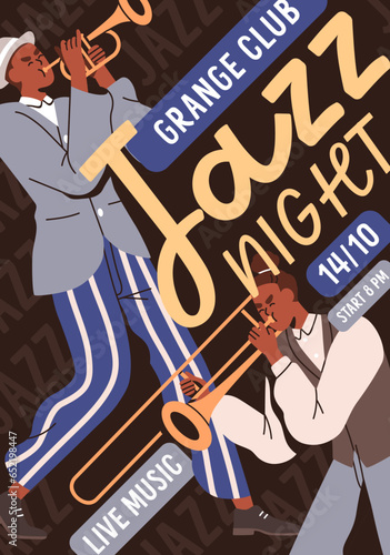 Jazz music concert, poster design. Flyer template with musicians, African-Ame...