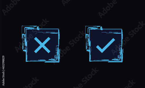 Futuristic Hud game button frames, tick and cross signs accept or not borders, vector digital tech information call bars