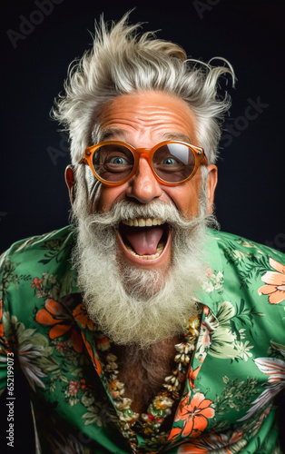 A beautiful elderly man in hawaiian shirt with an excited expression, scream with open wide mouth, isolated on background
