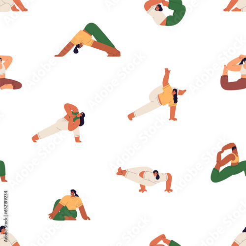 Yoga exercises, seamless pattern design. Women in different asanas, flexible poses, endless background. Repeating sports print, girl in stretching postures. Colored flat vector illustration for fabric