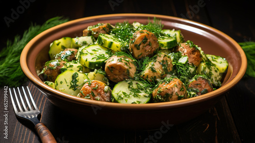 Young boiled potatoes with dill sausage cucumber