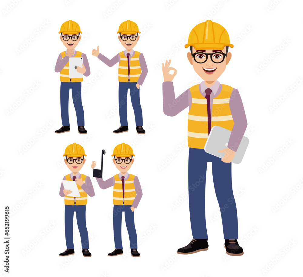Set of engineer with different poses