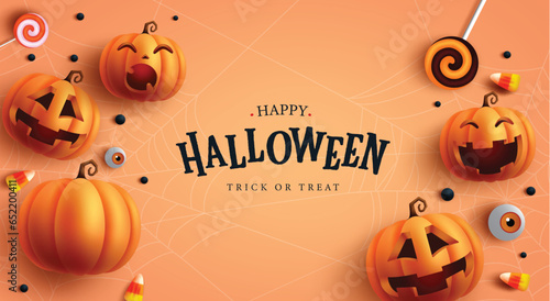 Happy halloween text vector design. Halloween trick or treat greeting text with pumpkins characters and candies elements in orange background. Vector illustration party invitation card background.
