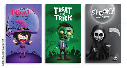 Halloween text vector poster set design. Treat or trick halloween greeting card with witch, zombie and grim reaper characters collection tags. Vector illustration seasonal horror party tag collection.