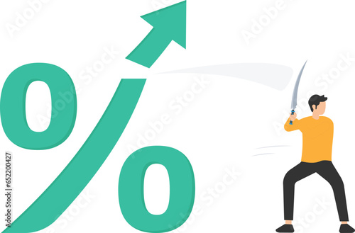 Cut or reduce inflation by monetary policy, FED, Federal reserve or central bank increase interest rate to control inflation to acceptable level, Cut percentage sign with sword

