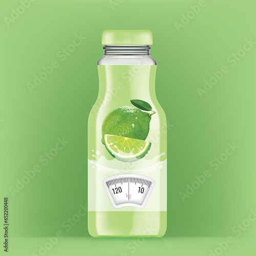 Lemonade bottle with weighing scale Diet concept. Vector
