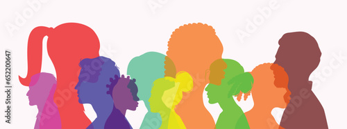 Group diversity silhouette multiethnic people from the side. Community of colleagues or collaborators. Collaborate. Co-workers. Harmony. Organization. Multi racial