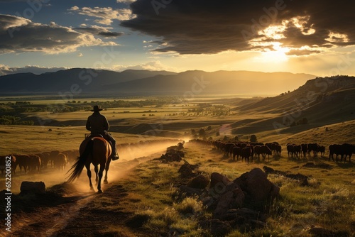 Cowboy and his horse herding cattle across an expansive prairie, Generative AI