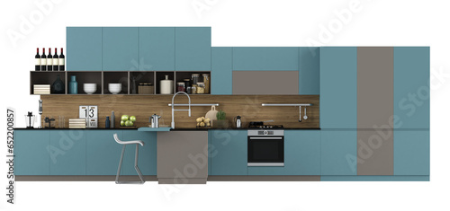 Modern blue and brown kitchen isolated on white background - 3d rendering