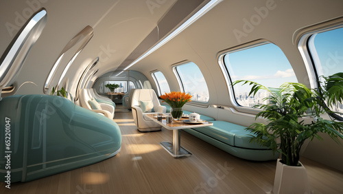 Modernes Flugzeug mit super schöner Innenausstattung an Sitzen in türkis blau im Querformat für Banner, ai generativ