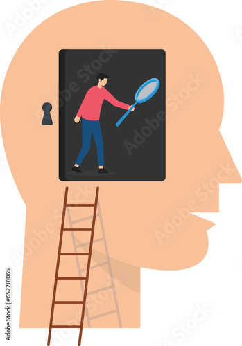 Psychology and mindset, Deep mind thinking or mental health diagnosis, intelligence brain or depression, Emotion or cognitive, Man climb up to human brain investigating problem


