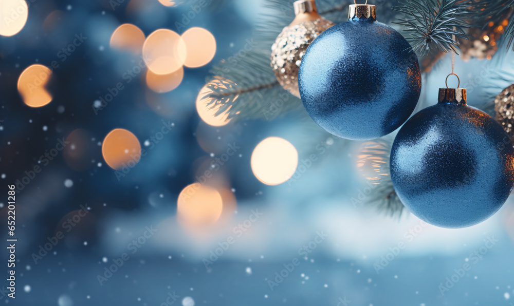Dark blue Christmas tree decorations and festive lights in blurred bokeh background. copy space. digital AI Dark blue Christmas tree decorations and festive lights in blurred bokeh background. copy space. digital AI