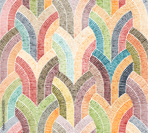 Seamless bohemian patchwork pattern. Imitation of embroidery. Grunge texture. Print for textiles, home decor, carpets, pillows. Vector illustration.
