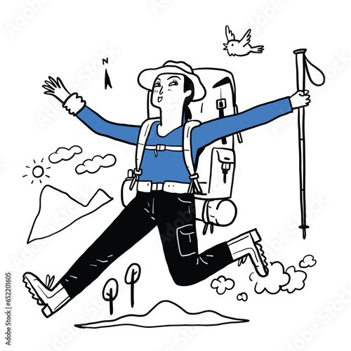 Illustration of a hiker tourists hiking, Hand drawn illustration line art doodle style.