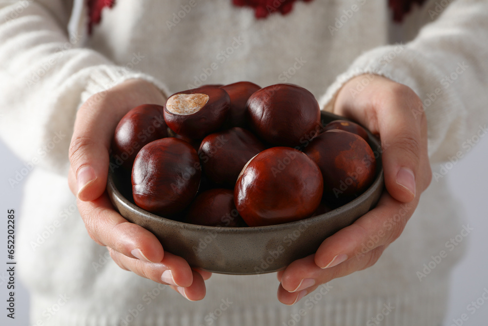 Woman in sweater holds bowl with chestnuts Woman in sweater holds bowl with chestnuts