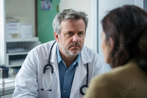 Doctor with female patient in office. Attentive physician listen to middle aged woman patient complaint in the medical cabinet Medicine and health care concept