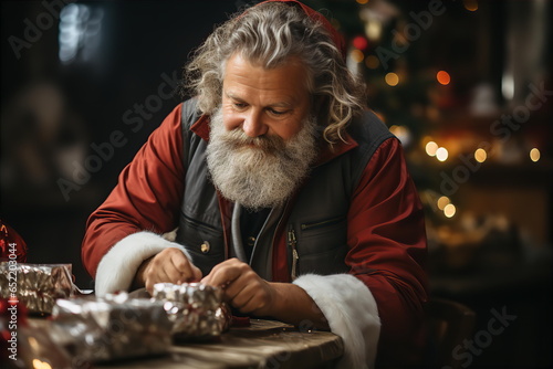 Santa Claus packing gifts for children at home. Merry Christmas and Happy New Year concept. AI generated