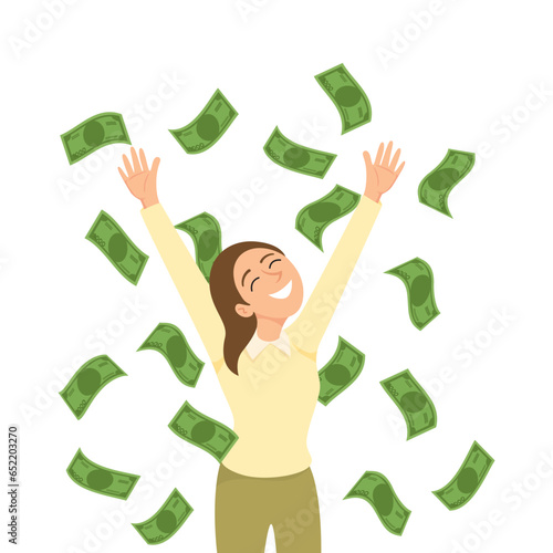 A happy woman surrounded by money banknotes flying in air on a white background, icon style, sticker, illustration, vector, cartoon, EPS 10. 