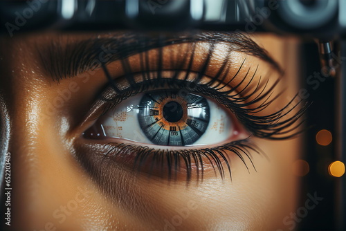 Beautiful eye of woman with long eyelashes and reflection on iris closeup macro. Laser vision correction concept. AI generated