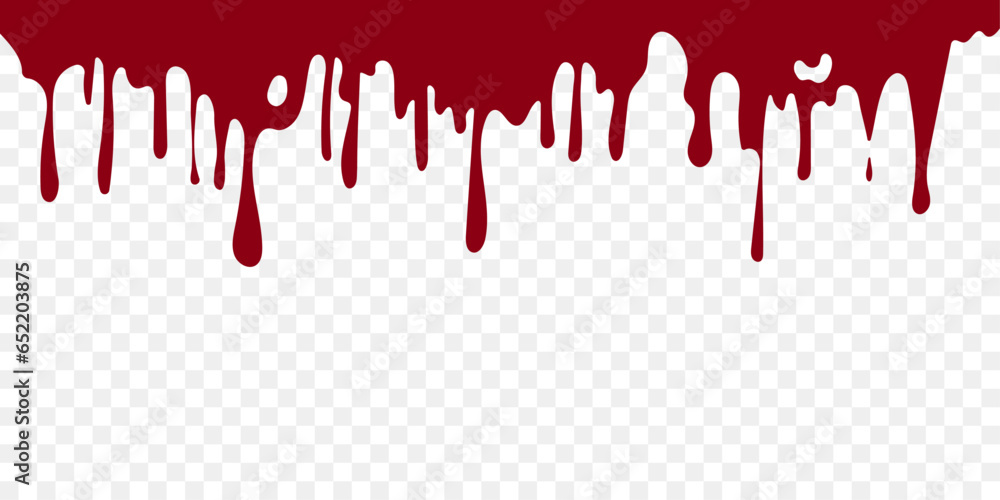 Dripping blood vector illustration. Current inks, flowing liquid, stencil drops, paint splatter, molten blood. Seamless vector on transparent background.