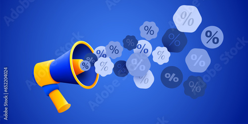 Megaphone with flying percent symbol. Sale announcement concept.