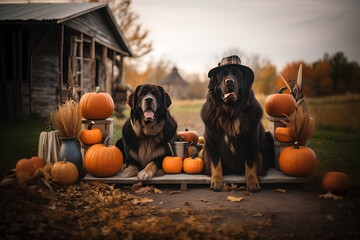 two large dogs on the porch of a house, farm. surrounded by pumpkin harvest. place for text. copy space. halloween style. generative ai