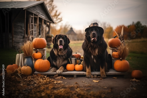 two large dogs on the porch of a house, farm. surrounded by pumpkin harvest. place for text. copy space. halloween style. generative ai