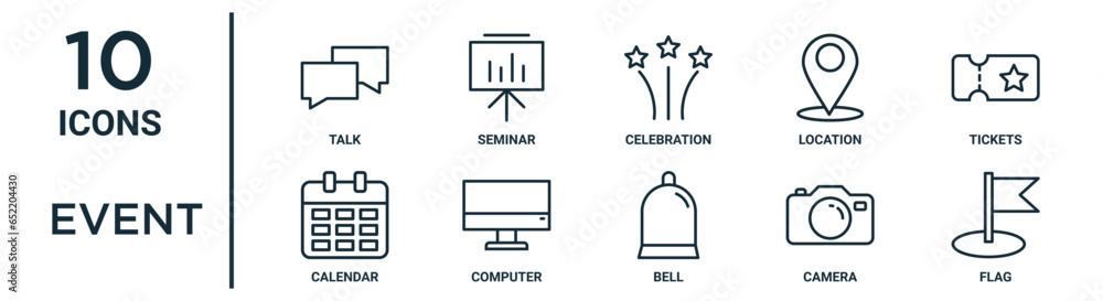 event outline icon set such as thin line talk, celebration, tickets ...