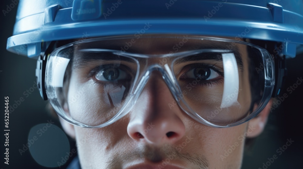 Portrait male industrial engineer or mechanical wearing safety equipment, blue hard hat and transparent goggles on dark background.