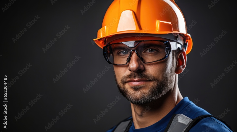 Portrait male industrial engineer or mechanical wearing safety equipment, blue hard hat and transparent goggles on dark background. - obrazy, fototapety, plakaty 