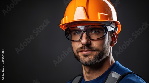 Portrait male industrial engineer or mechanical wearing safety equipment, blue hard hat and transparent goggles on dark background.
