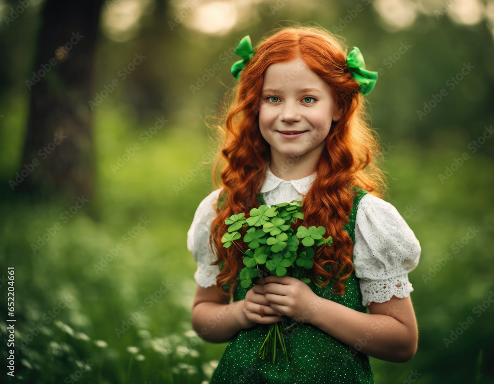 Red-haired girl with clover on St. Patrick's Day. Portrait of AI. Red-haired girl with clover on St. Patrick's Day. Portrait of AI.