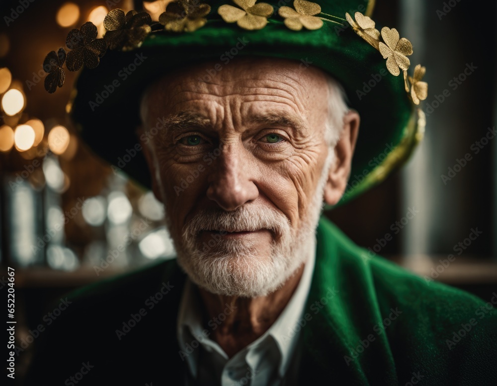 Red-haired old man with clover on St. Patrick's Day. Portrait of AI.