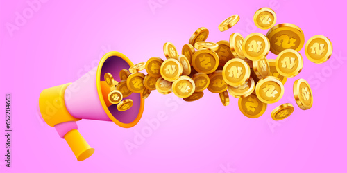 Megaphone with flying gold coins. Business announcement concept.
