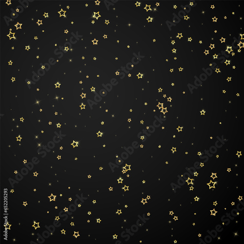 Gold sparkling star confetti. Chaotic dreamy childish overlay template. Festive stars vector illustration on black background.
