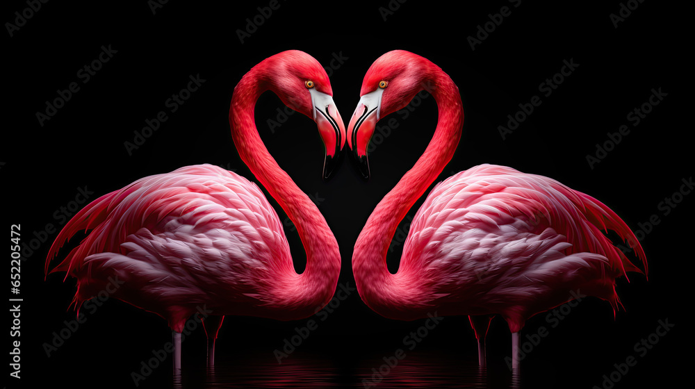 Obraz premium Close up of two flamingos touching making a heart shape. with over black background. To symbolize love and romance. Valentines Day Card 